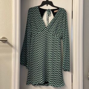 She + Hem Green and Black Chevron open back long sleeve sexy dress